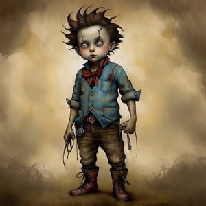 little_boy, in the style of esao andrews, full figure, hands in pocket, rugged_cloths