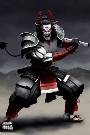 oni demon, male, ultra detailed, evil, japanese version, samurai version, japanese village background, traditional japanese weapon, light gray skin, fighting stance, samurai armour