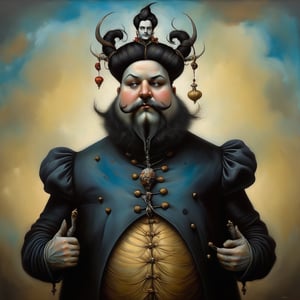 noble fat man, in the style of esao andrews, baroque, black_hair, gothic