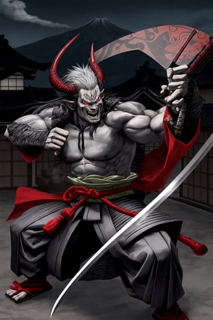 oni demon, male, ultra detailed, evil, japanese version, samurai version, japanese village background, traditional japanese weapon, light gray skin, fighting stance