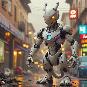 robo mewtwo ruined citalian ity background, no fur, mechanical face, LED eyes