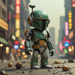 chibi robo boba fett ruined city background, no fur, mechanical face, LED eyes