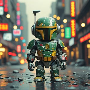 chibi robo boba fett ruined city background, no fur, mechanical face, LED eyes