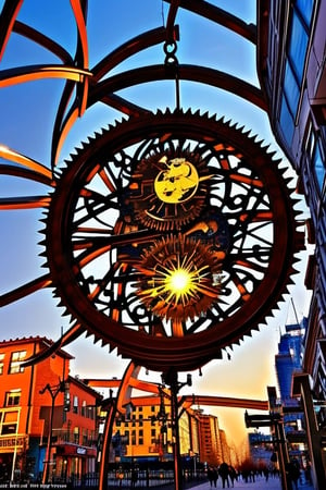 A massive mechanical sun that hangs in the city's center, its gears and cogs constantly whirring. It serves as both a timekeeping device and a mesmerizing spectacle during its daily "sunset."