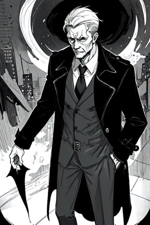 man with a trenchcoat, hands in his pocket, sketchlines, thin silouette, full figure, highly detailed, b&w, devil
