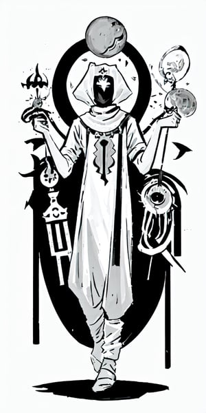 cultist, tunic, mask, full-body_portrait, male, wearing wrenchpjbss,Science Fiction, b&w, dagger, temple