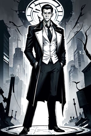 man with a trenchcoat, hands in his pocket, sketchlines, thin silouette, full figure, highly detailed, b&w, lucifer
