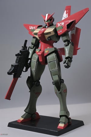 macross_mecha, full figure, F14_tomcat, super_robot, flying_pose, humanoid, combat_airplane, red, camouflage_paint, full_face_mask, beefy, shoulder cannon, standing pose, big rifle
