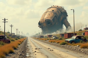 distant landscape of scrapped machines; style of Simon Stalenhag, extra sharp lines, super detailed, carcass of a giant robot on the side of the road