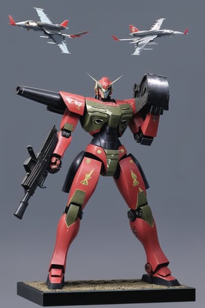macross_mecha, full figure, F14_tomcat, super_robot, flying_pose, humanoid, combat_airplane, red, camouflage_paint, full_face_mask, beefy, shoulder cannon, standing pose, big rifle, larger_legs
