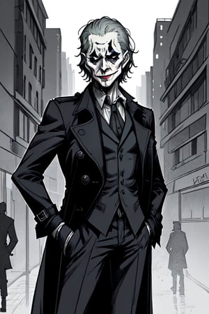 man with a trenchcoat, hands in his pocket, sketchlines, thin silouette, full figure, highly detailed, b&w, the joker
