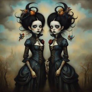 twins, in the style of esao andrews, baroque, black_hair, gothic