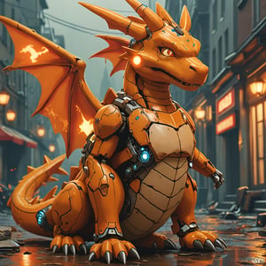 robo charizard ruined citalian ity background, no fur, mechanical face, LED eyes