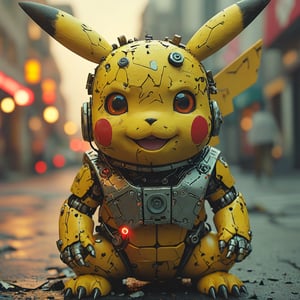 robo pikachu ruined citalian ity background, no fur, mechanical face, LED eyes