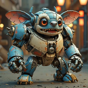 robo stitch disney, ruined citalian ity background, no fur, mechanical face, LED eyes, 4 arms, shoulder cannon