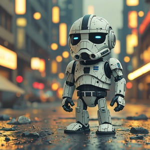 chibi robo stormtrooper ruined city background, no fur, mechanical face, LED eyes