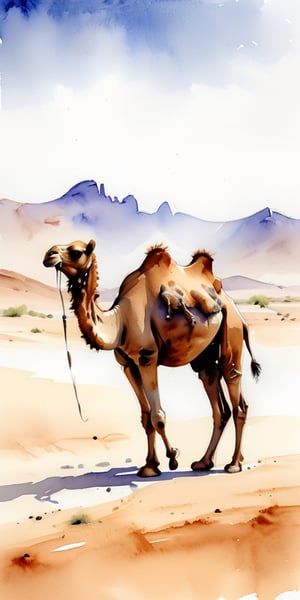 sketch of a camel walking in the desert, watercolour, monochromatic, rich saddlebags

