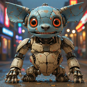 robo stitch disney, ruined citalian ity background, no fur, mechanical face, LED eyes, 4 arms