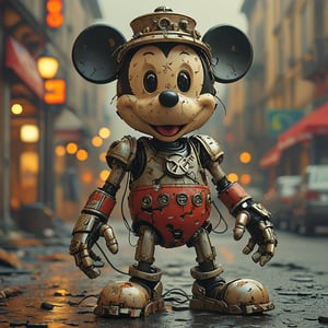 robo mickey mouse, ruined citalian ity background, no fur, mechanical face, LED eyes