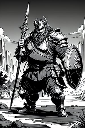 full figure; fantasy dwarf warrior; black&white; sketch; landscape minining site; d&d style; bulky and fat; sturdy; short; chubby; lord of the ring style; very long beard; big nose; full armor; horned helm; warhammer and shield; fulm helm; shield on the back; 2-handed battleaxe; fighting stance
