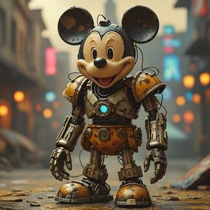 robo mickey mouse, ruined citalian ity background, no fur, mechanical face, LED eyes, arcane wizard