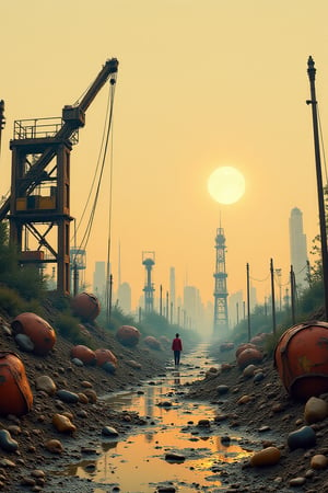 distant landscape of scrapped machines; style of Simon Stalenhag, extra sharp lines, super detailed