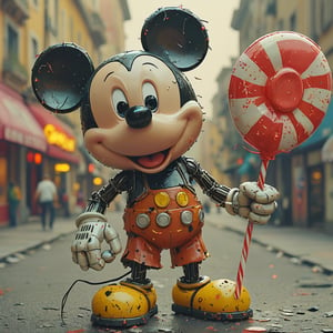 robo mickey mouse, ruined citalian ity background, no fur, mechanical face, LED eyes, giant lollypop