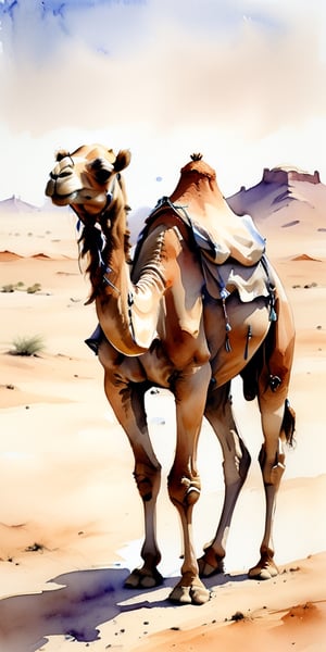 sketch of a camel walking in the desert, watercolour, monochromatic, rich saddlebags and saddle, faded

