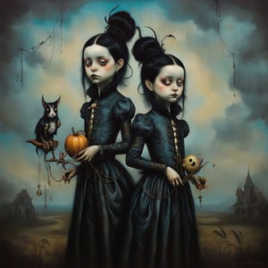 siblings, in the style of esao andrews, baroque, black_hair, gothic