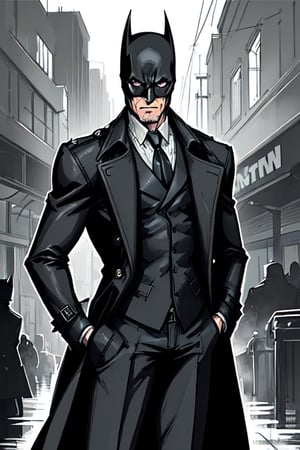 man with a trenchcoat, hands in his pocket, sketchlines, thin silouette, full figure, highly detailed, b&w, the batman
