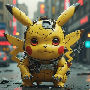 robo pikachu ruined citalian ity background, no fur, mechanical face, LED eyes