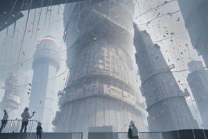 At the city's center stands the Weather Tower, a colossal structure that controls the city's unpredictable weather patterns. Each day, the tower's operators make whimsical decisions about the weather, causing sudden rainstorms, snowfall in summer, or even occasional showers of confetti.