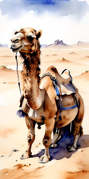 sketch of a camel sitting in the desert, watercolour, monochromatic, rich saddlebags and saddle, faded

