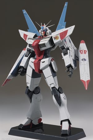 macross_mecha, full figure, F14_tomcat, super_robot, flying_pose, humanoid, combat_airplane, blue, camouflage_paint, full_face_mask, beefy, shoulder cannon, standing pose, big rifle, rounder shapes
