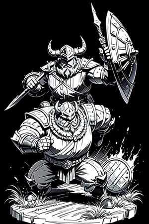 full figure; fantasy dwarf warrior; black&white; sketch; landscape minining site; d&d style; bulky and fat; sturdy; short; chubby; lord of the ring style; very long beard; big nose; full armor; horned helm; warhammer and shield; fulm helm; shield on the back; 2-handed battleaxe; fighting stance
