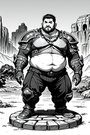 full figure; fantasy dwarf warrior; black&white; sketch; landscape minining site; d&d style; bulky and beer belly; sturdy; short; chubby; lord of the ring style; chainmail
