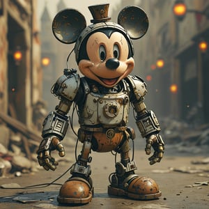 robo mickey mouse, ruined citalian ity background, no fur, mechanical face, LED eyes, arcane wizard