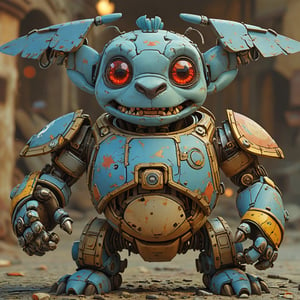 robo stitch disney, ruined citalian ity background, no fur, mechanical face, LED eyes, 4 arms, shoulder cannon