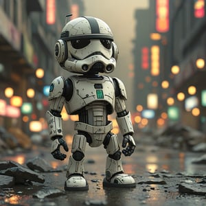 chibi robo stormtrooper ruined city background, no fur, mechanical face, LED eyes