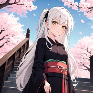 masterpiece, best quality, 1girl, yellow eyes, long hair, white hair, tree, stairs, standing, kimono, sky, cherry blossoms, temple, looking at viewer, upper body, from below, lady_raven, black, gothic_lolita