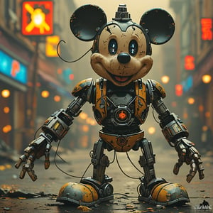 robo mickey mouse, ruined citalian ity background, no fur, mechanical face, LED eyes, arcane wizard