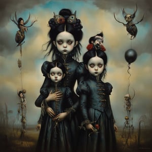 siblings, in the style of esao andrews, baroque, black_hair, gothic