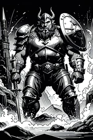 full figure; fantasy dwarf warrior; black&white; sketch; landscape minining site; d&d style; bulky and fat; sturdy; short; chubby; lord of the ring style; very long beard; big nose; full armor; ram horned helm; warhammer and shield; fulm helm; shield on the back; 2-handed battleaxe; fighting stance; charging attack
