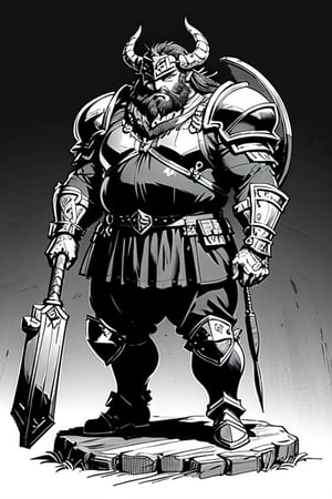 full figure; fantasy dwarf warrior; black&white; sketch; landscape minining site; d&d style; bulky and fat; sturdy; short; chubby; lord of the ring style; very long beard; big nose; full armor; horned helm; warhammer and shield; 
