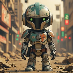 chibi robo mandalorian ruined city background, no fur, mechanical face, LED eyes