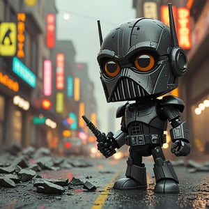 chibi robo dart vader ruined city background, no fur, mechanical face, LED eyes