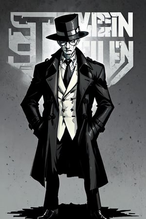 man with a trenchcoat, hands in his pocket, sketchlines, thin silouette, full figure, highly detailed, b&w, the sandman
