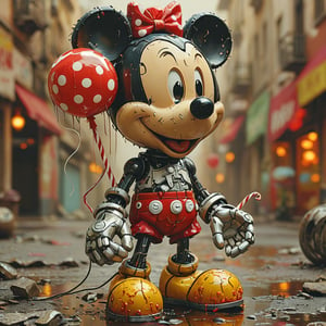 robo mickey mouse, ruined citalian ity background, no fur, mechanical face, LED eyes, giant lollypop