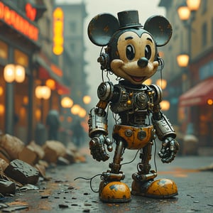 robo mickey mouse, ruined citalian ity background, no fur, mechanical face, LED eyes, arcane wizard