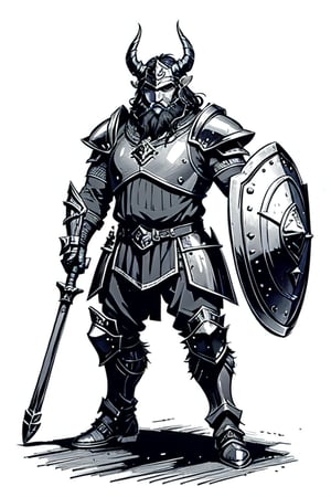 full figure; fantasy dwarf warrior; black&white; sketch; landscape minining site; d&d style; bulky and fat; sturdy; short; chubby; lord of the ring style; very long beard; big nose; full armor; ram horned helm; warhammer and shield; fulm helm; shield on the back; 2-handed battleaxe; fighting stance
